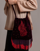 NINA BORDEAUX - Secchiello in Velluto ricamato con frange di perline - Ordi.to Accessori