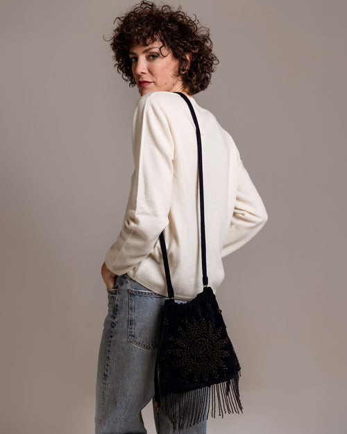NINA BLU - Secchiello in Velluto ricamato con frange di perline - Ordi.to Accessori