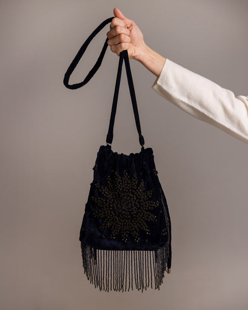 NINA BLU - Secchiello in Velluto ricamato con frange di perline - Ordi.to Accessori